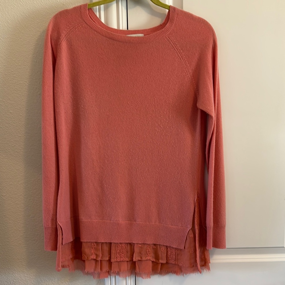 Garnet Hill Rose Cashmere Sweater with bottom lace accent layers.